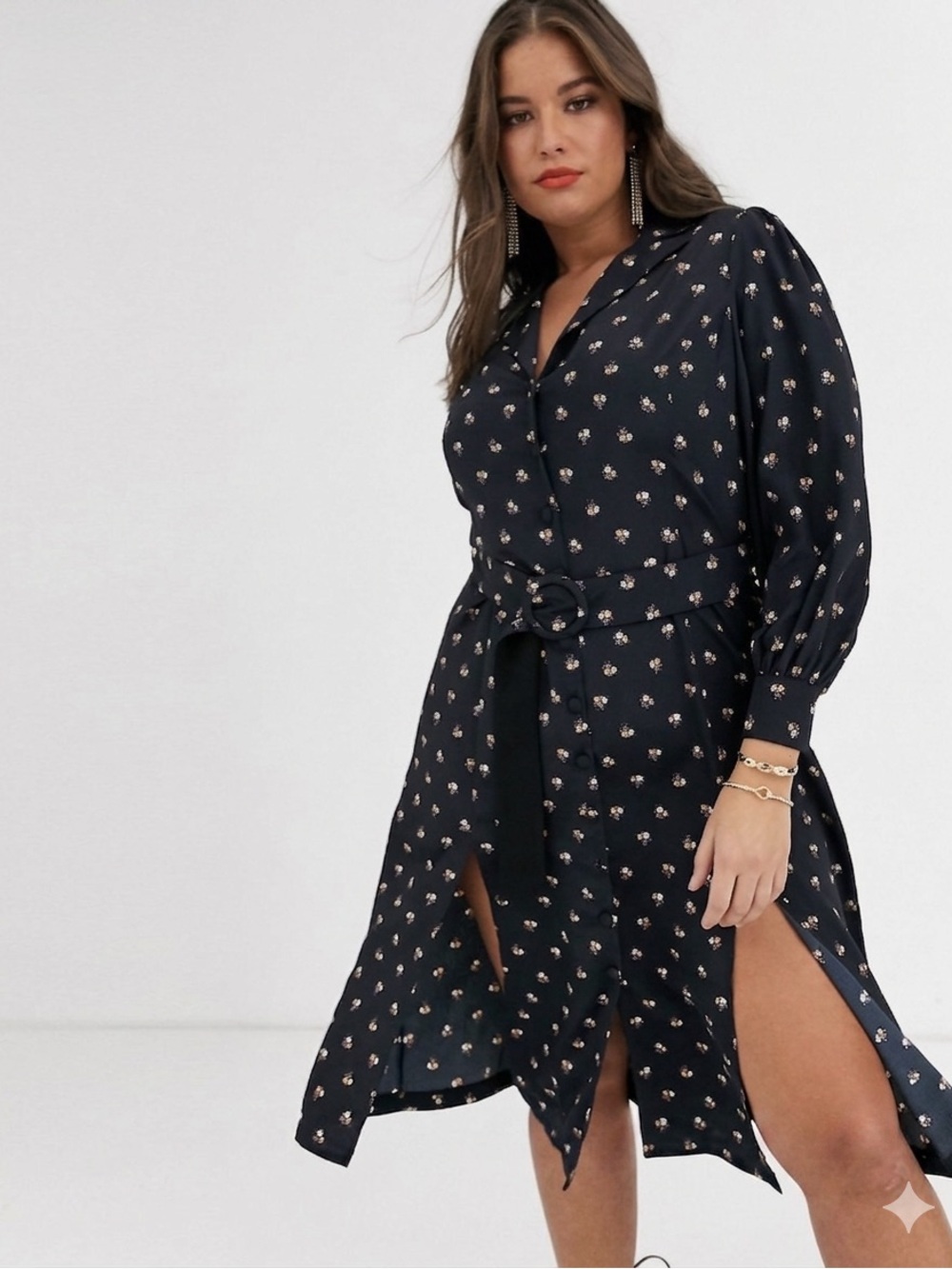 ASOS Fashion Union Black Ditsy Floral Midi Shirt Dress Belted Waist Double Slit
